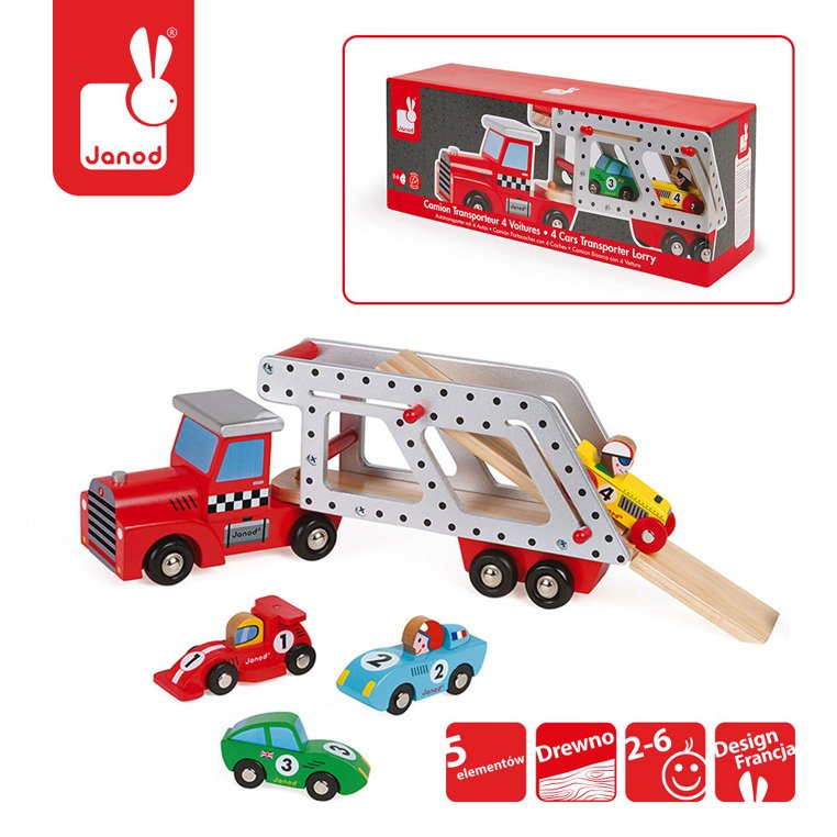 Laweta zabawka z 4 samochodzikami dla dzieci od Janod