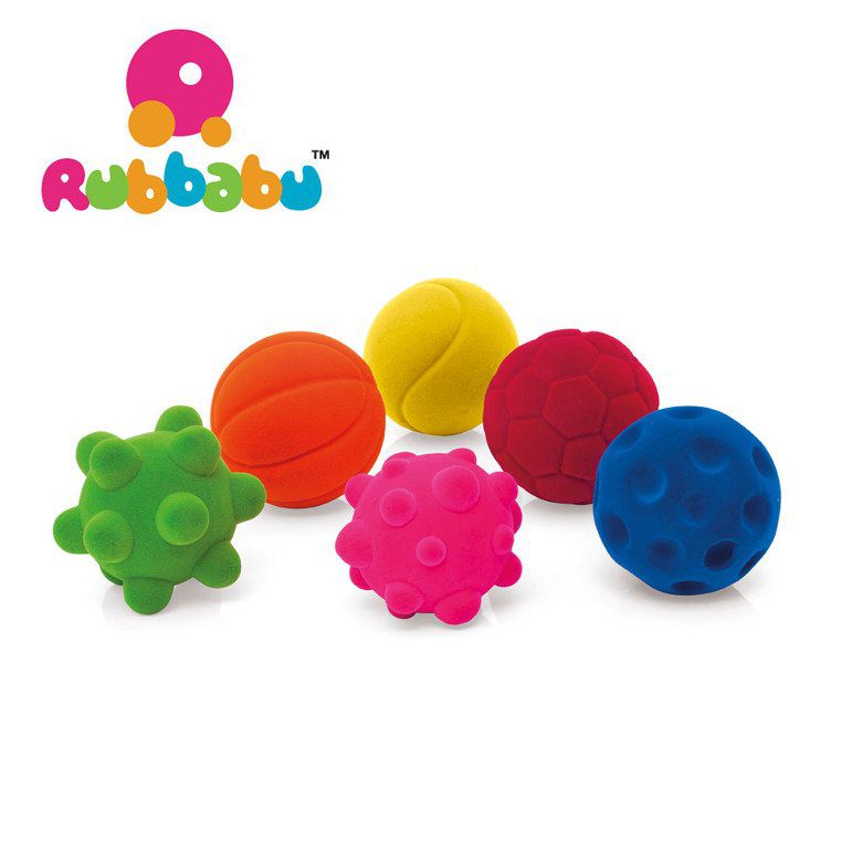 Mała piłka sensoryczna dla dzieci, turkusowy wirus od Rubbabu