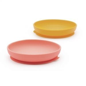 Zestaw dwóch silikonowych talerzy dla dzieci w kolorze żółty/koralowy od Ekobo