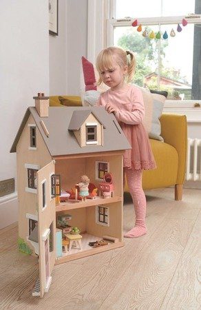 Drewniany trzypiętrowy domek dla lalek z wyposażeniem, Tender Leaf Toys