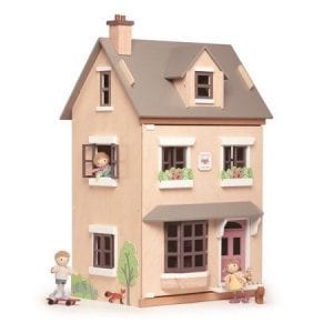 Drewniany trzypiętrowy domek dla lalek z wyposażeniem, Tender Leaf Toys
