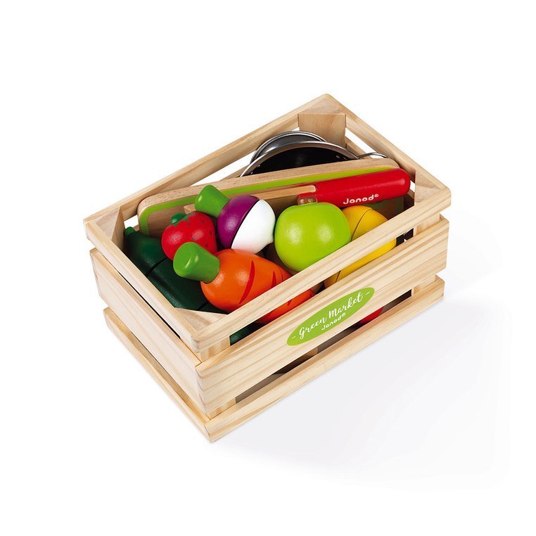 Drewniana skrzynka z warzywami i owocami do krojenia oraz akcesoriami 23 elementy od Janod