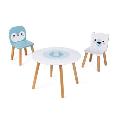 Zestaw drewnianych mebelków stolik i 2 krzesła Arktyka od Janod